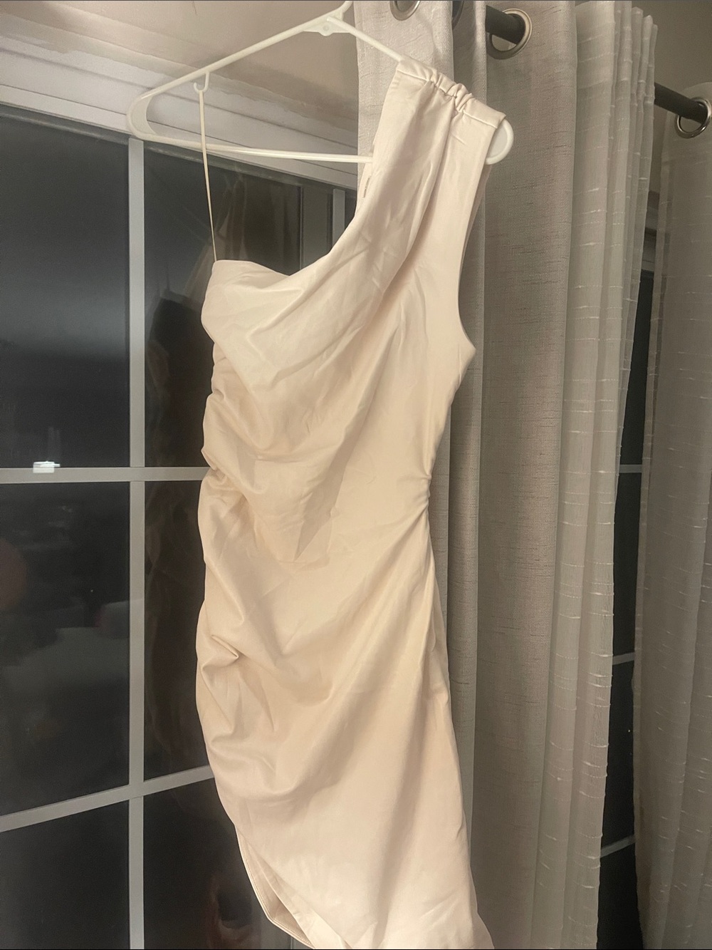 Susana Monaco One-Shoulder Draped Dress in Cream Faux Leather